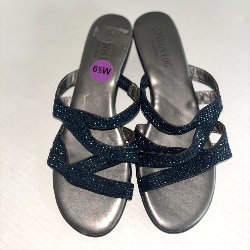 London Fog Wedge Sandals Navy Blue Shimmer Women’s size 6.5W. NEW‎